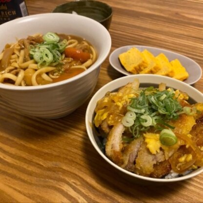 昨日のカレーをカレーうどんに♪旦那用なのでミニカツ丼をセットにしてボリュームアップです！出汁の味が美味しいと好評でした(*^_^*)また作ります！